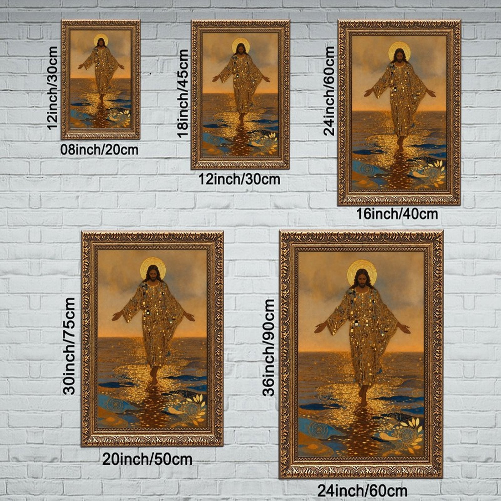haloed sacred figure walking across reflective water in gold, deep blue, warm brown tones — Vintage Gold Frame SIZE_GUIDE
