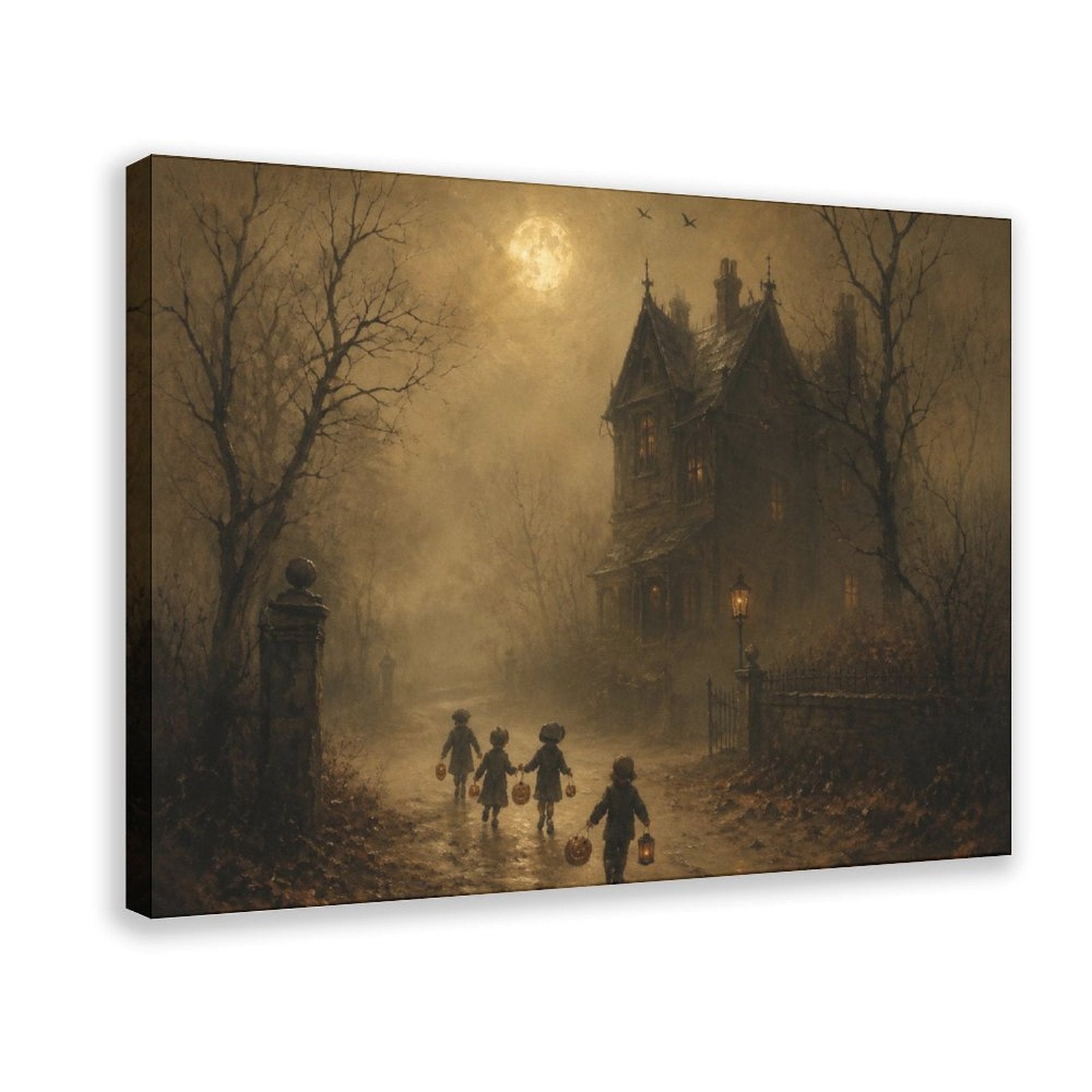 children in Halloween costumes walking toward a haunted house in sepia, black, amber tones — Wrapped Canvas HERO