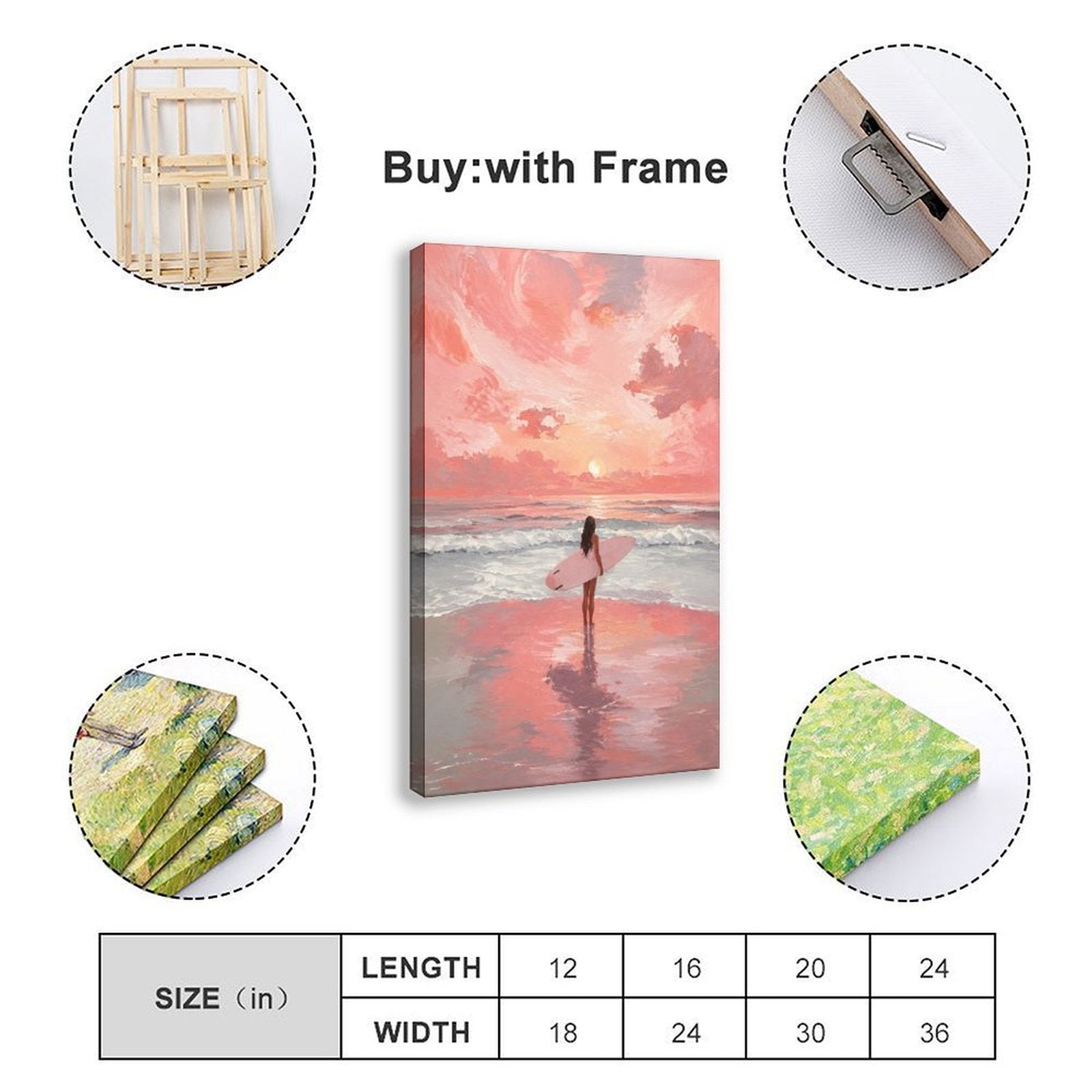 surfer carrying a pink surfboard at the shoreline in coral pink, peach, sky blue tones — Wrapped Canvas SIZE_GUIDE