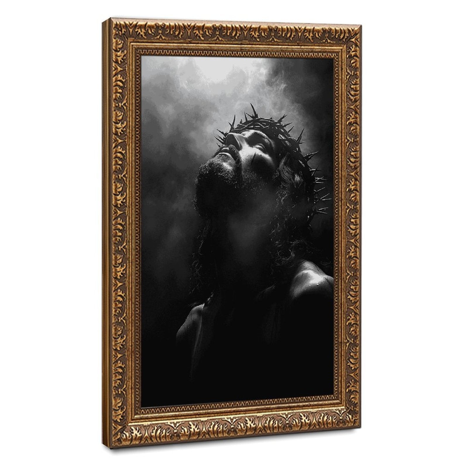 solemn man wearing a crown of thorns in prayer in religious portrait art style — Vintage Gold Frame HERO