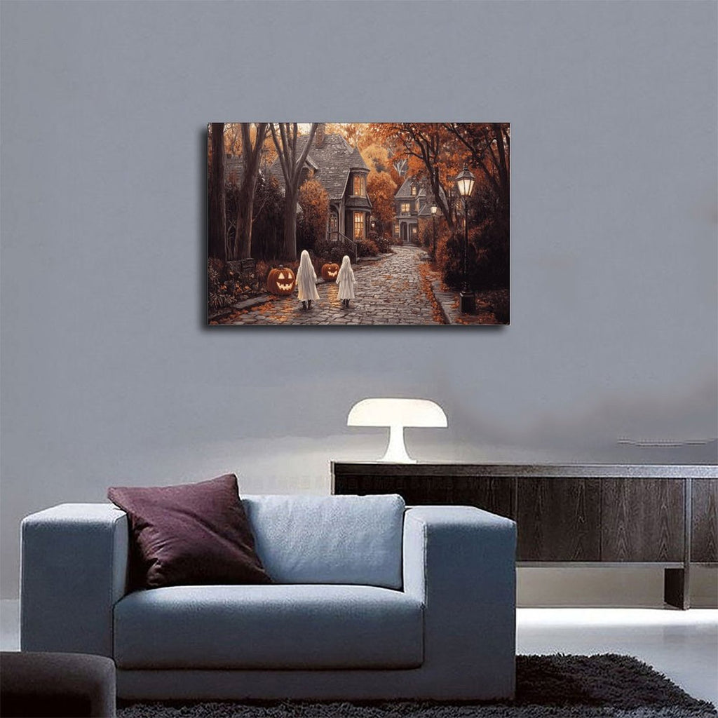 two sheet ghosts in an autumn village in whimsical halloween illustration style — Wrapped Canvas SCENE_03