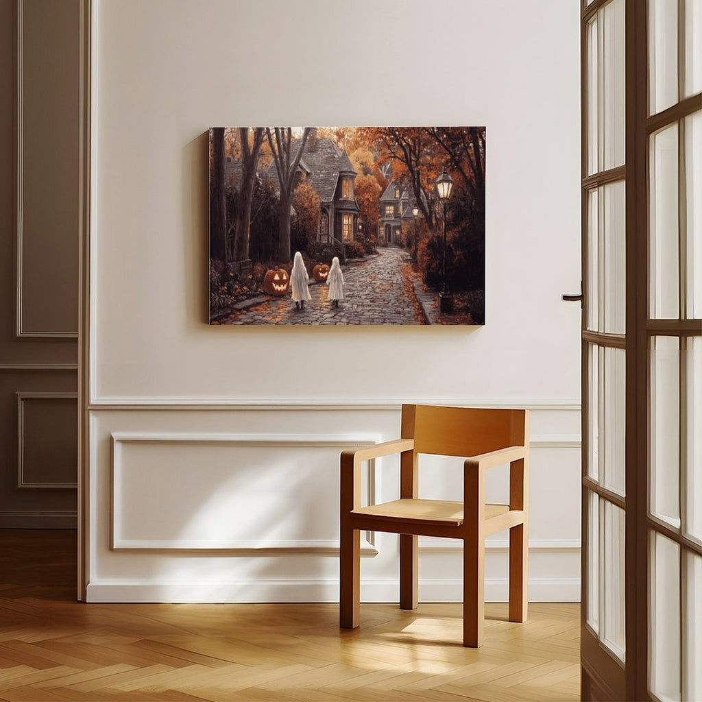 two sheet ghosts in an autumn village in whimsical halloween illustration style — Wrapped Canvas SCENE_06