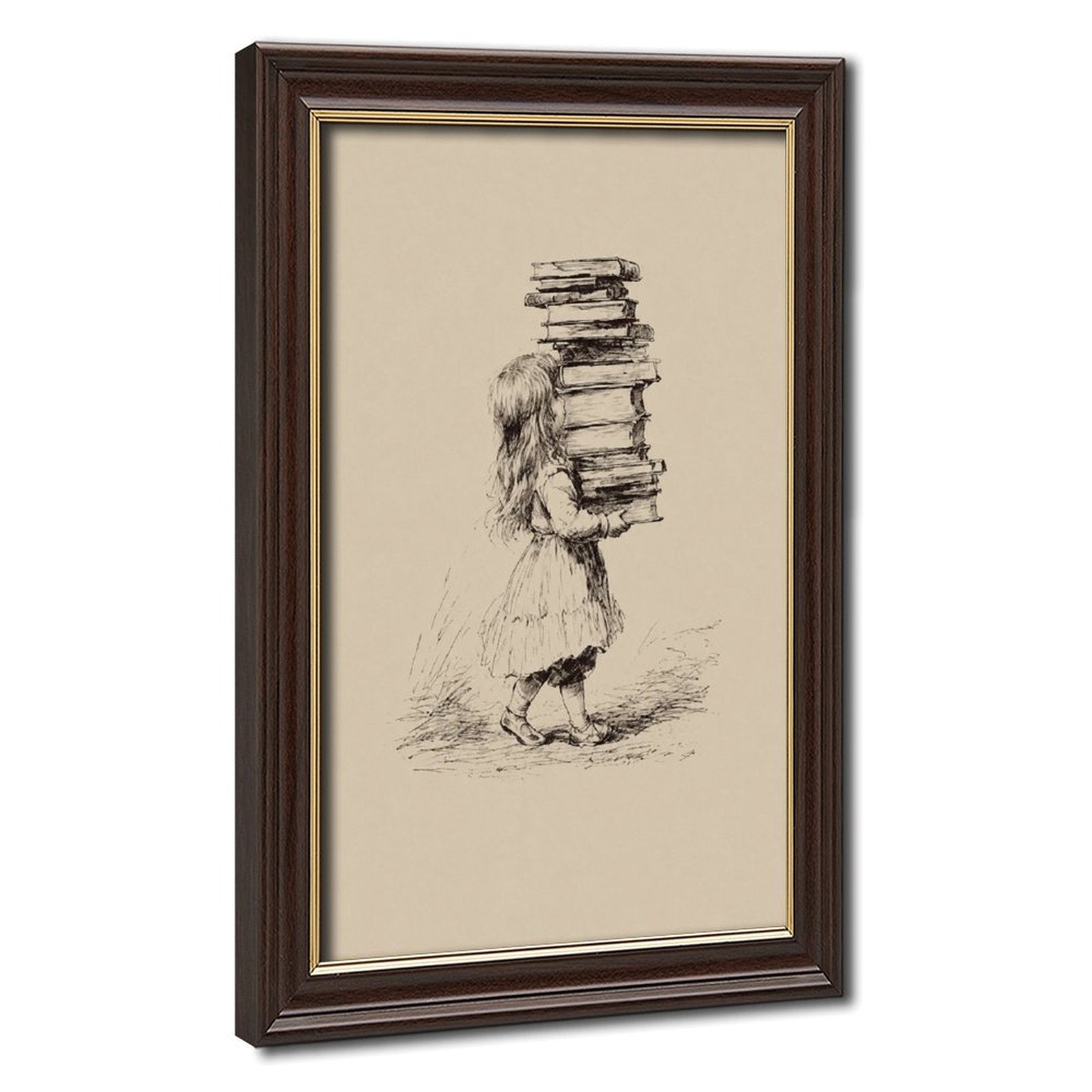 small figure carrying a tall stack of books in black, warm cream tones — Wood Grain Gold Frame HERO
