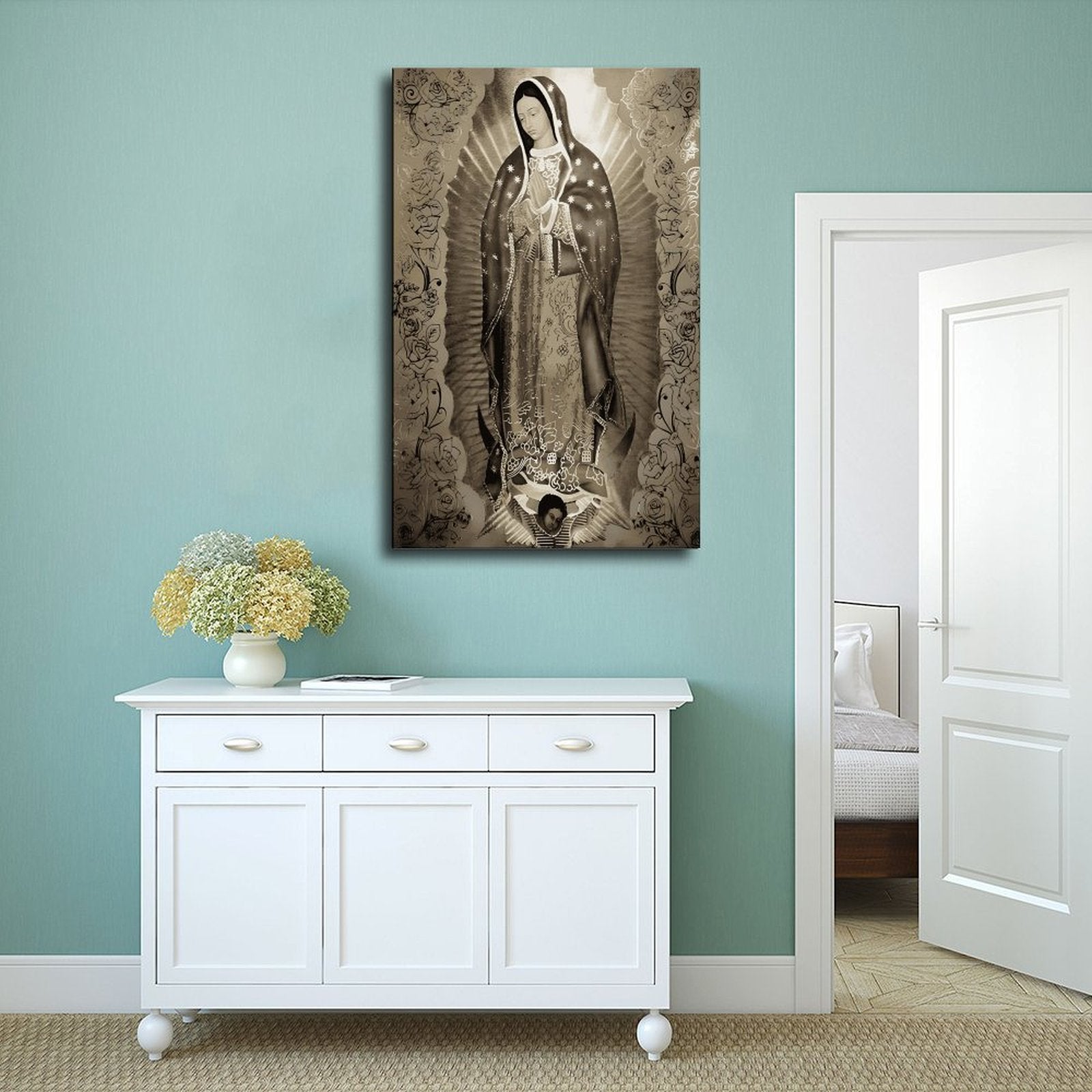 Our Lady of Guadalupe devotional figure in devotional art style — Wrapped Canvas SCENE_02
