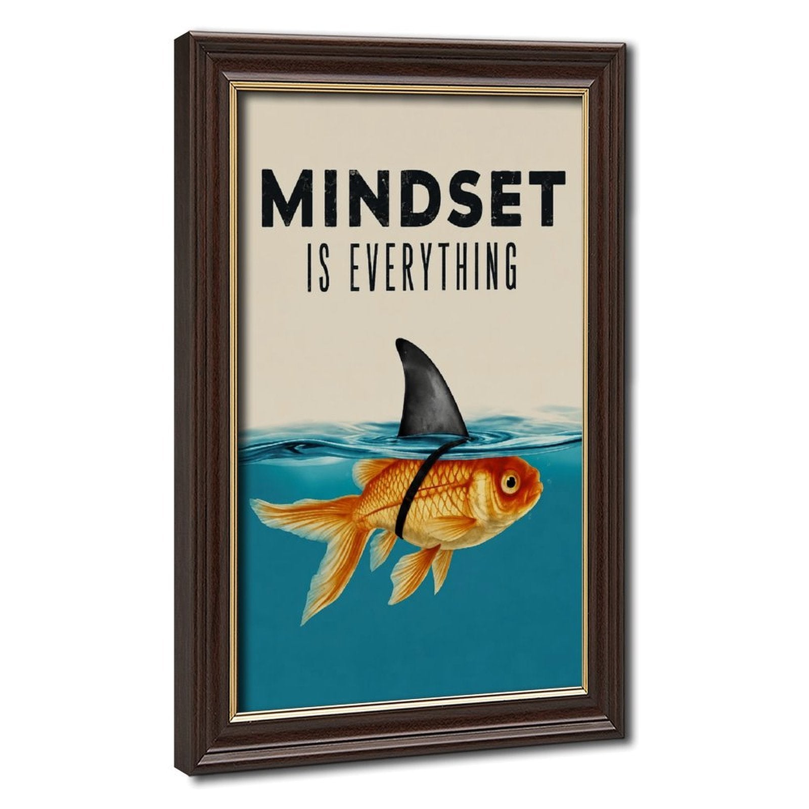 goldfish wearing a shark-fin disguise beneath motivational typography in teal blue, gold orange, cream tones — Wood Grain Gold Frame HERO