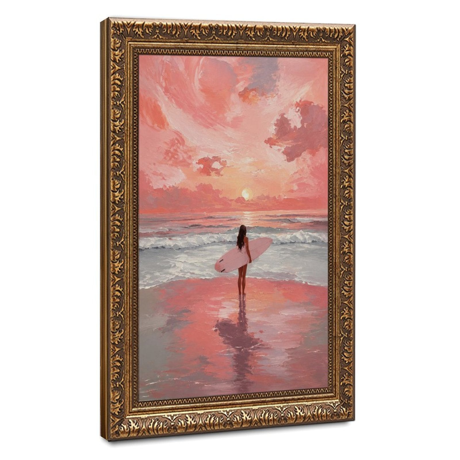 surfer carrying a pink surfboard at the shoreline in coral pink, peach, sky blue tones — Vintage Gold Frame HERO