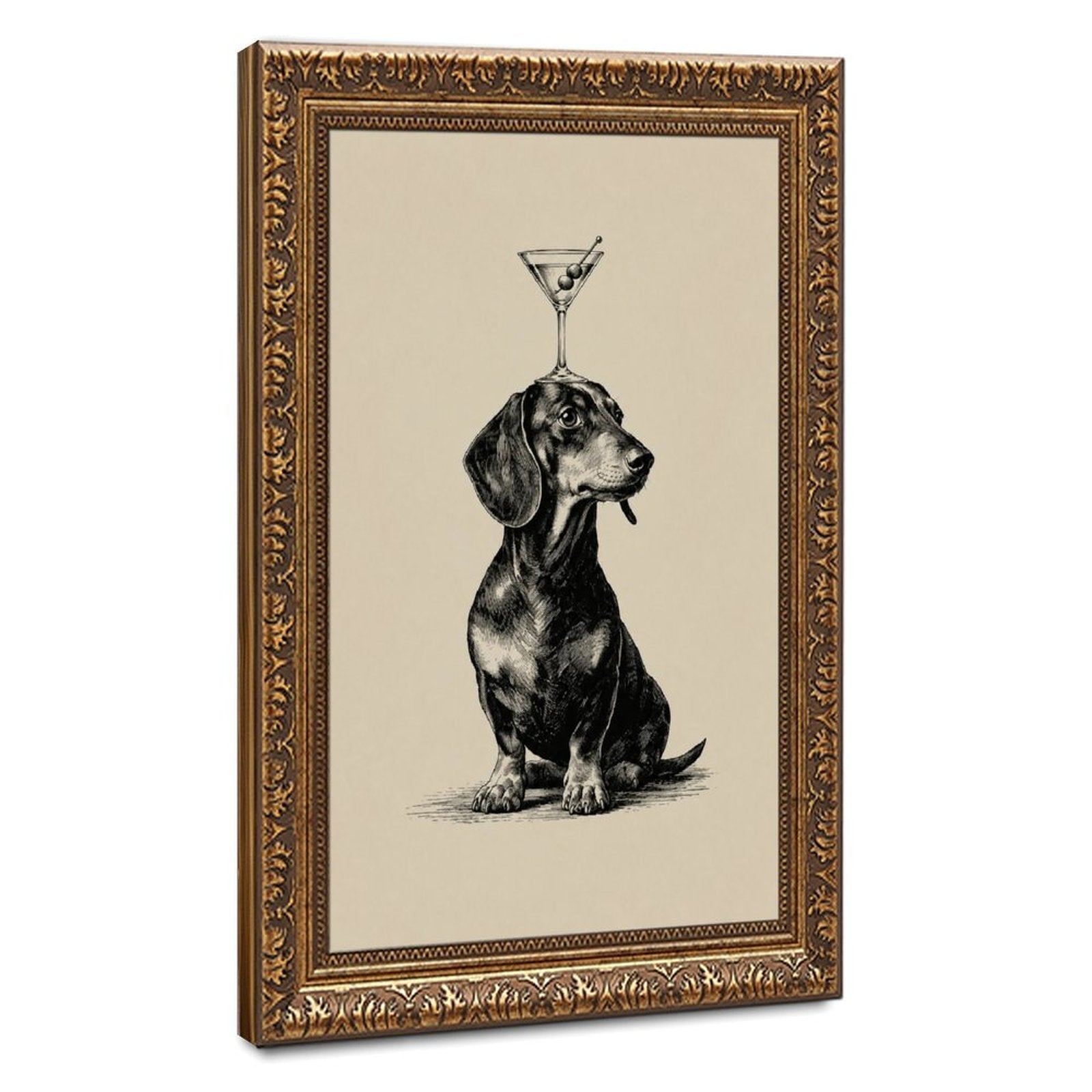 dachshund balancing a cocktail glass on its head in black, warm cream tones — Vintage Gold Frame HERO