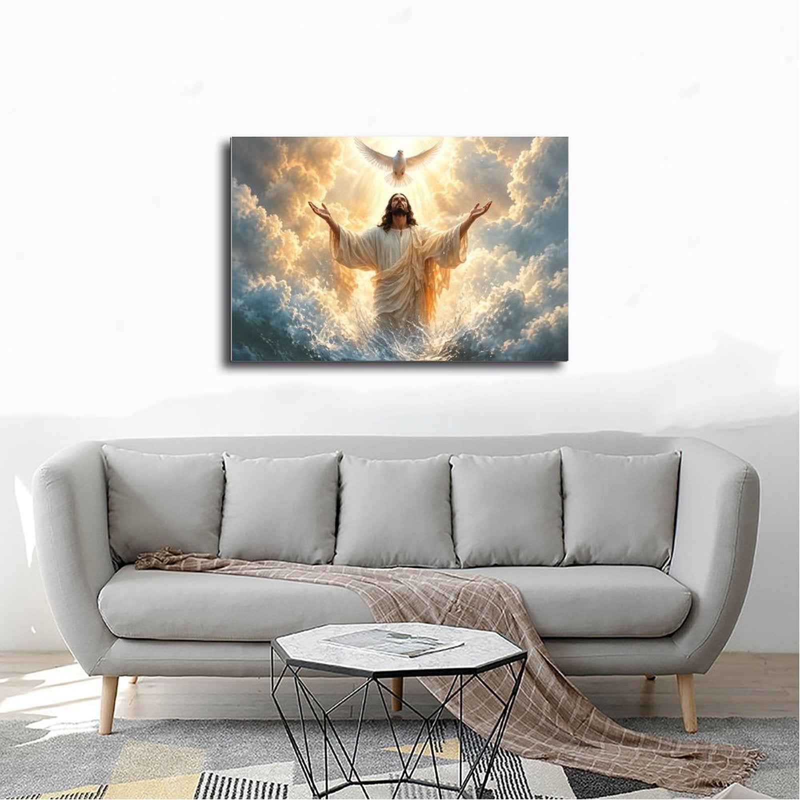 Robed sacred figure with raised arms beneath a white dove in golden clouds and light — Wrapped Canvas SCENE_02