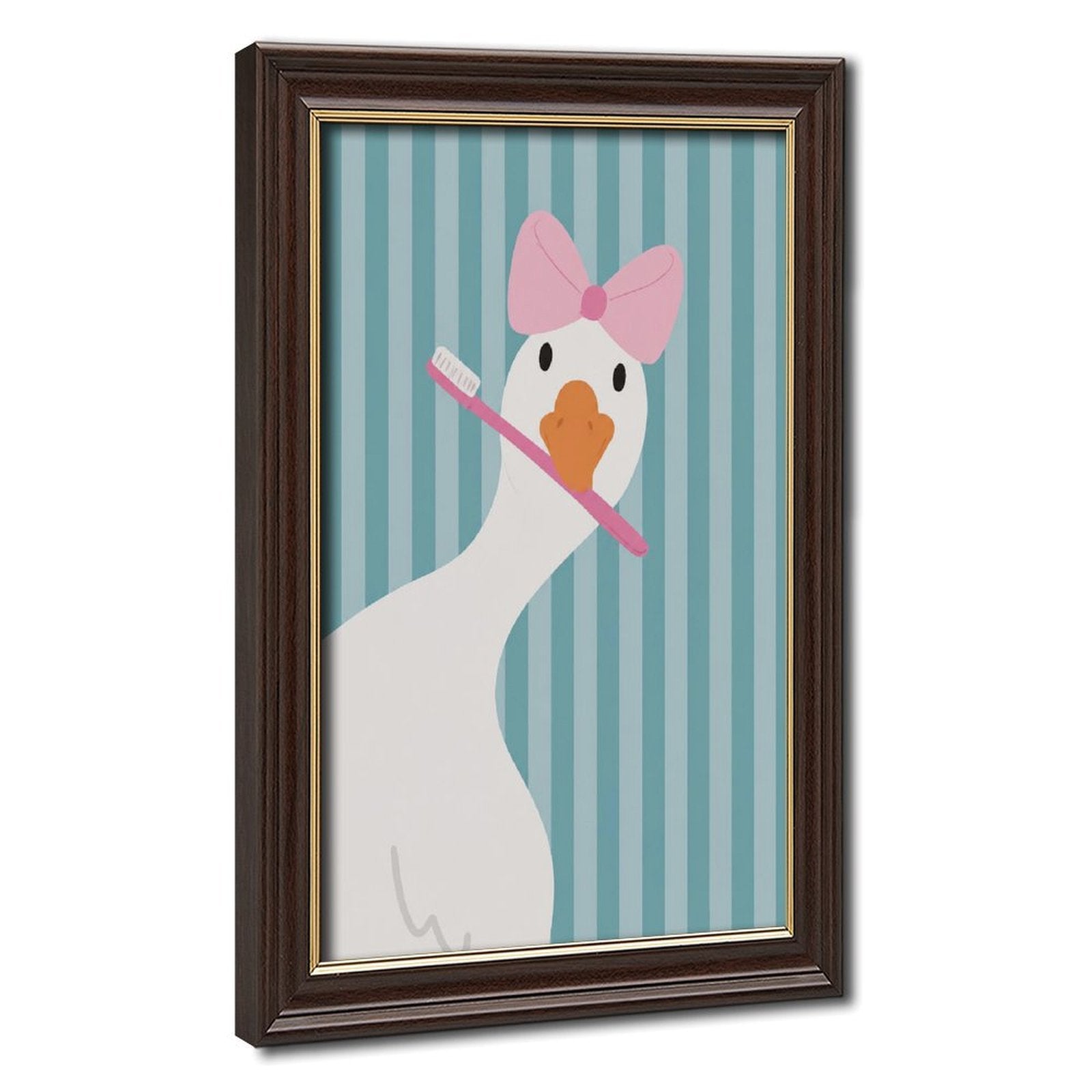 white duck with a pink bow holding a toothbrush in sky blue, white, pink tones — Wood Grain Gold Frame HERO