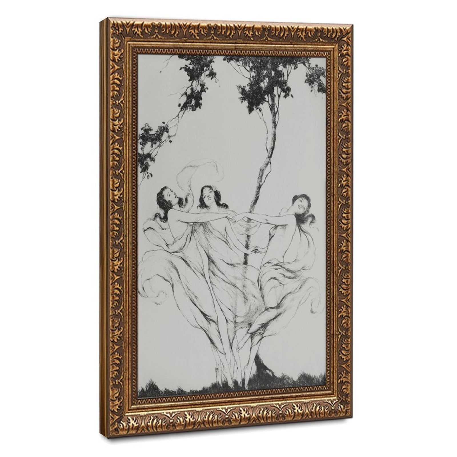 classical human figures beneath trees in classical line art style — Vintage Gold Frame HERO