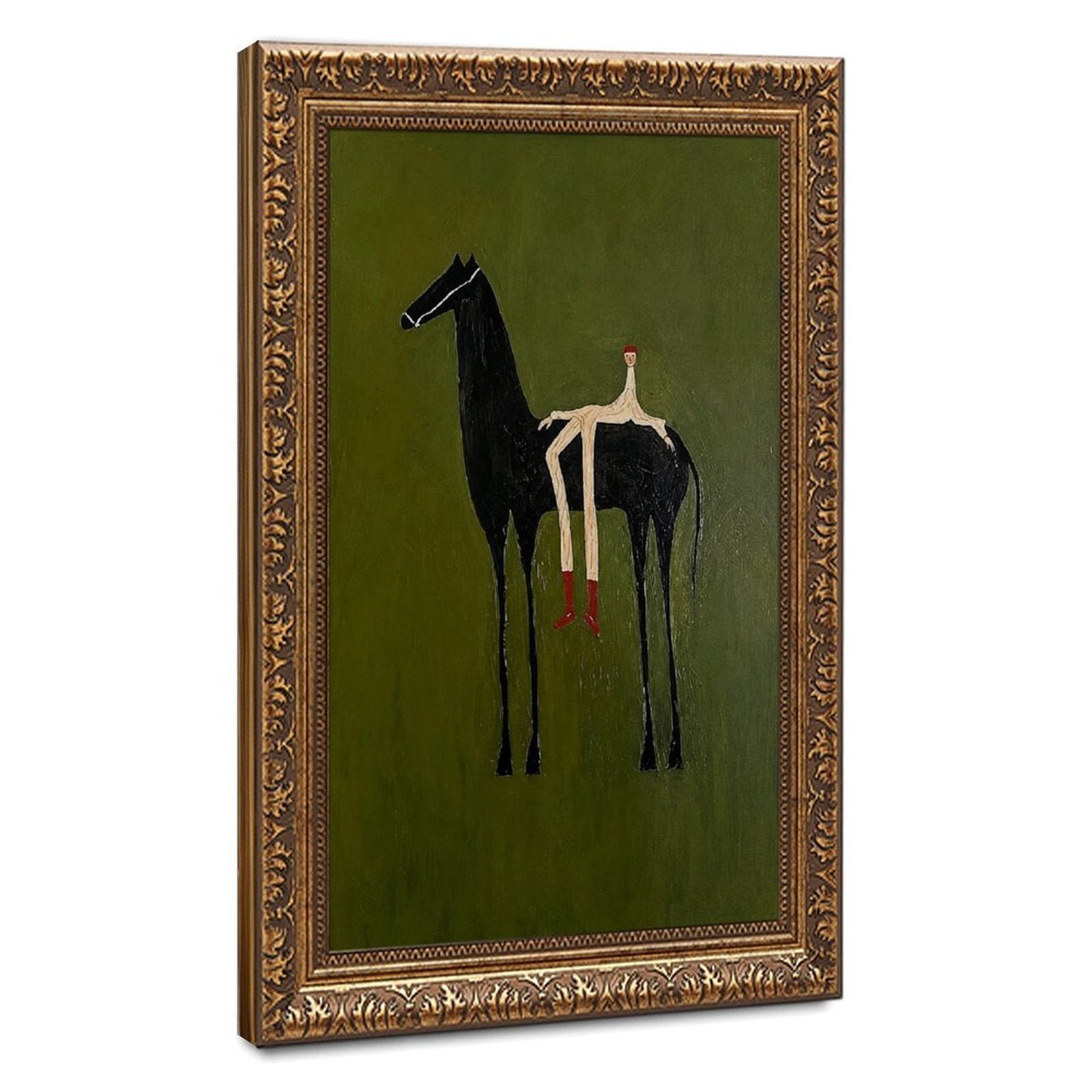 Stylized black horse with an elongated seated rider on an olive green background — Vintage Gold Frame HERO