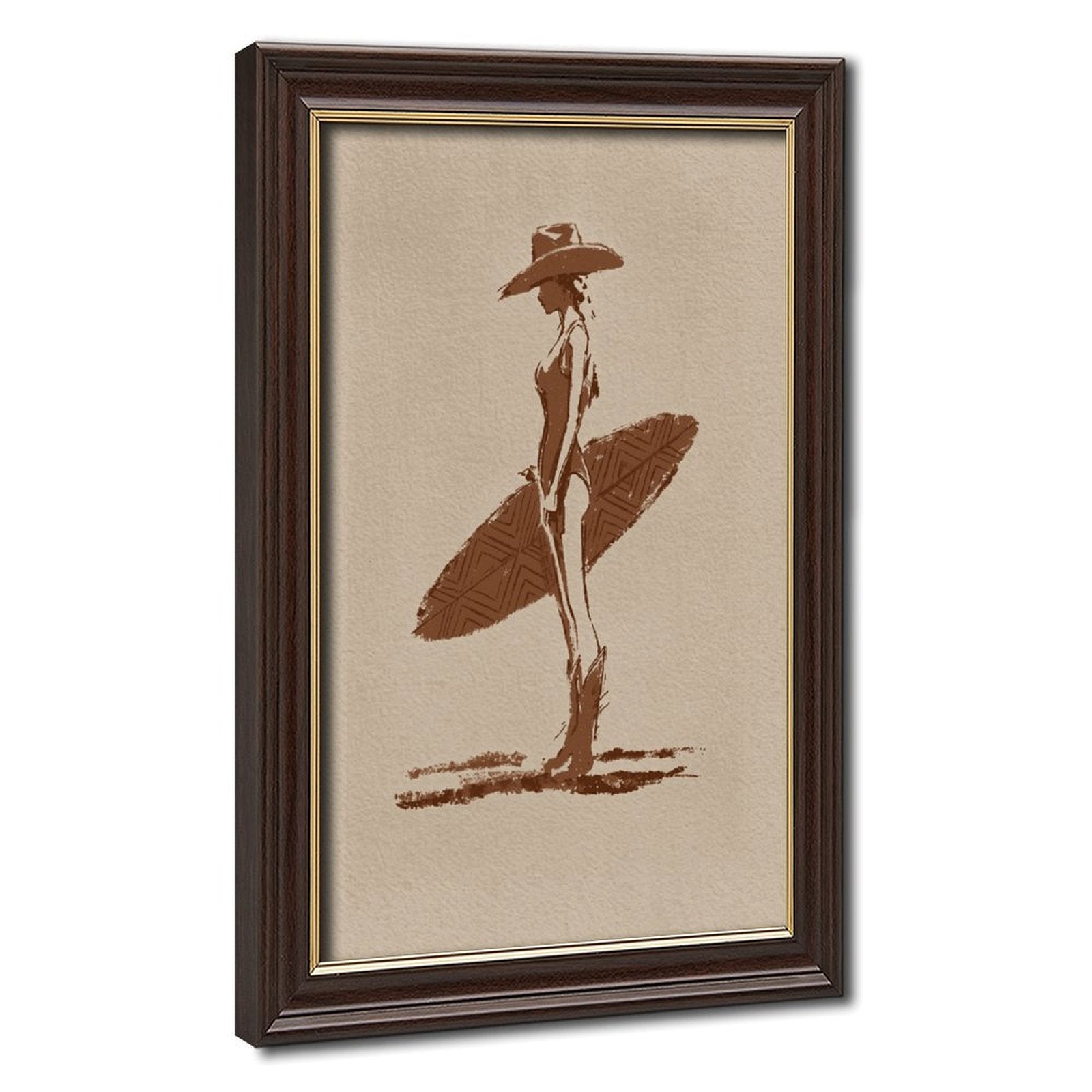 stylized seated woman with oversized botanical leaves in minimalist figurative art style — Wood Grain Gold Frame HERO