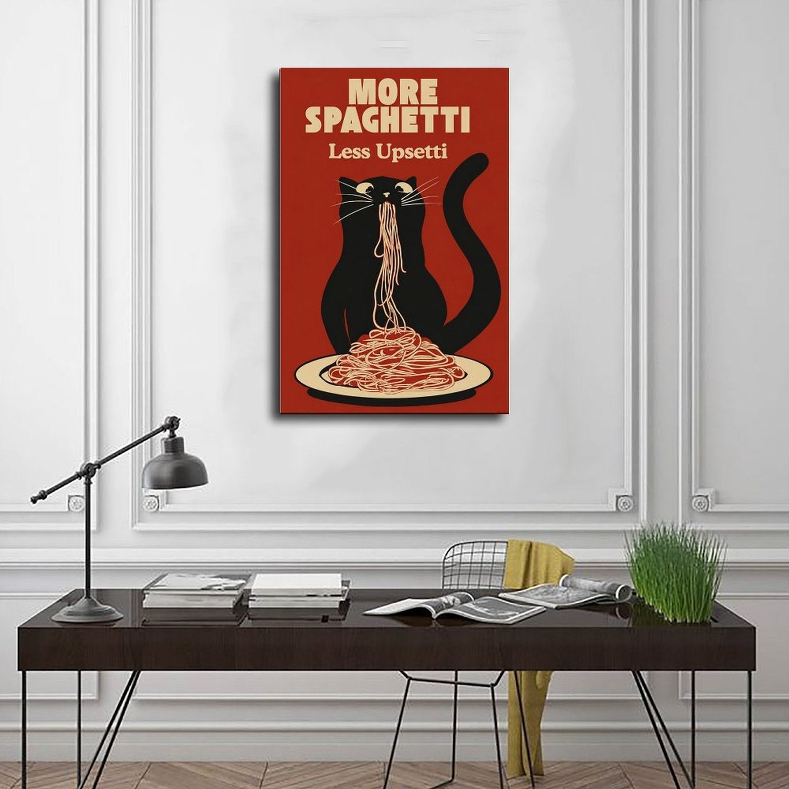 black cat eating spaghetti beneath humorous typography in brick red, black, cream tones — Wrapped Canvas SCENE_01