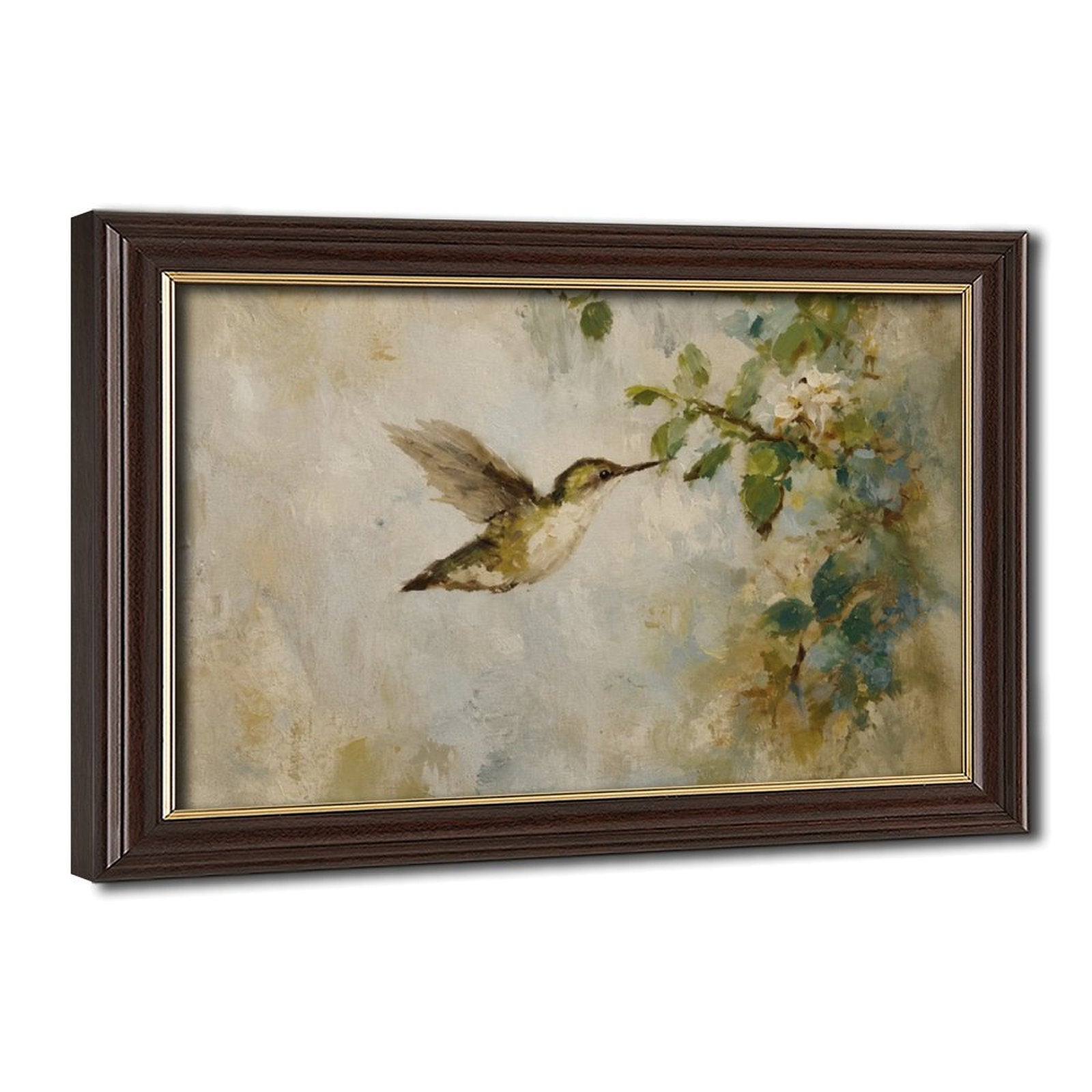 hummingbird hovering beside pale blossoms in cream, sage green, soft blue tones — Wood Grain Gold Frame HERO