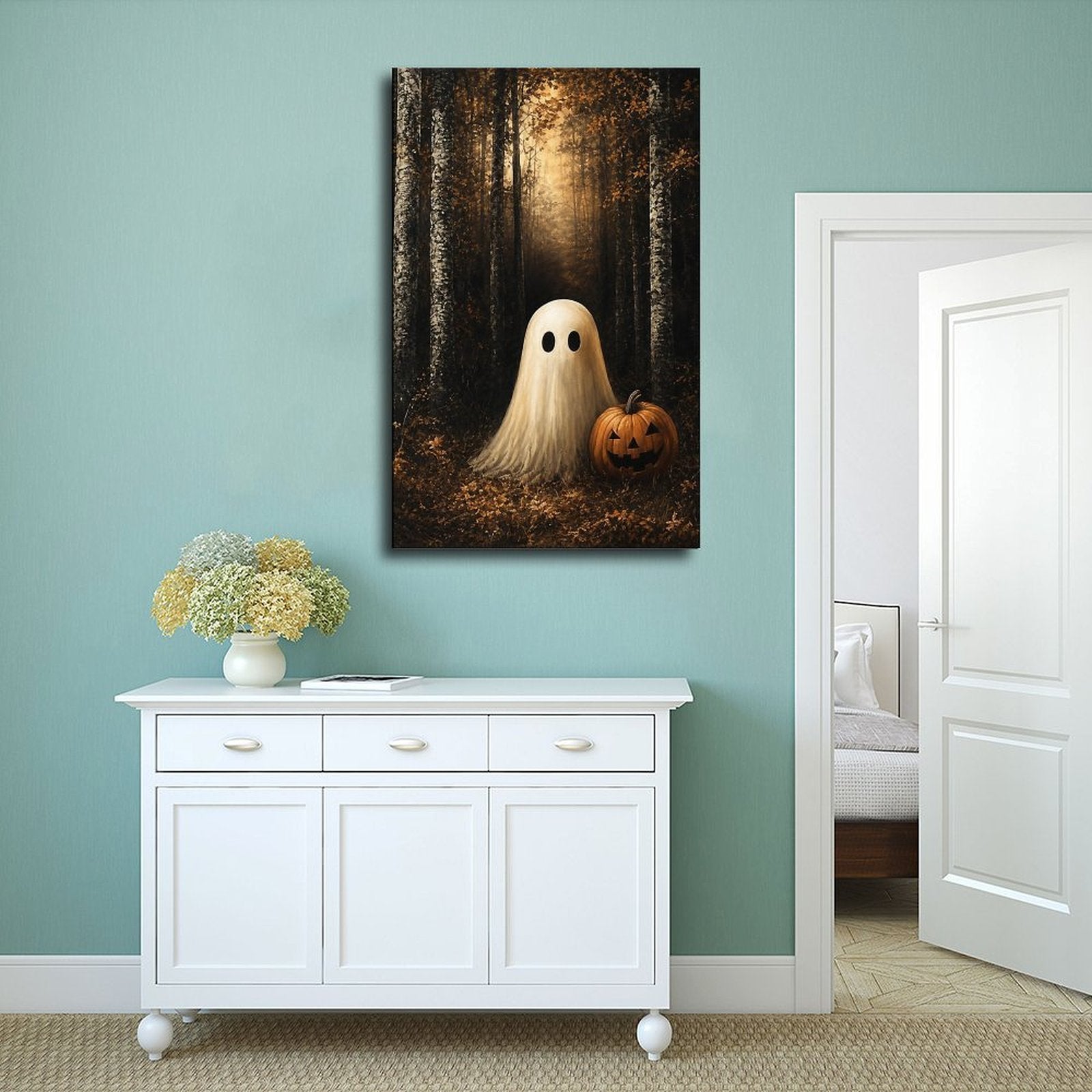 sheet ghost beside a carved pumpkin in an autumn forest in black, amber, cream tones — Wrapped Canvas SCENE_02