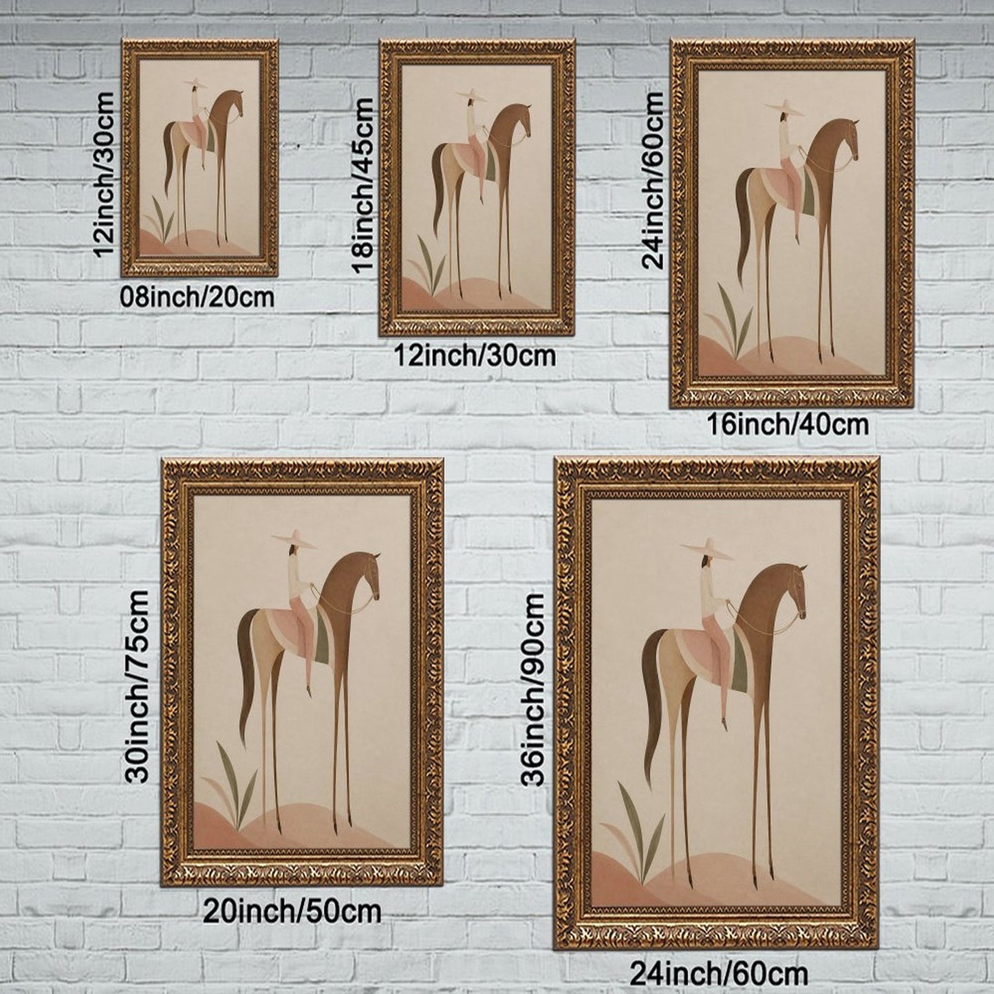 Soft Blush Long Horse canvas wall art featuring a graceful long-limbed horse in soft blush pink, warm beige, muted cream tones, displayed in the Vintage Pattern Gold Frame style