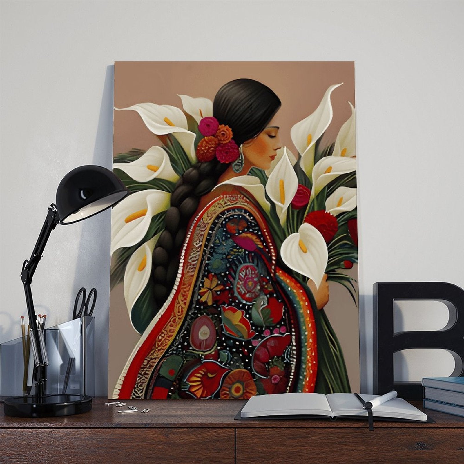stylized woman surrounded by lilies and red flowers in decorative figurative art style — Wrapped Canvas SCENE_06