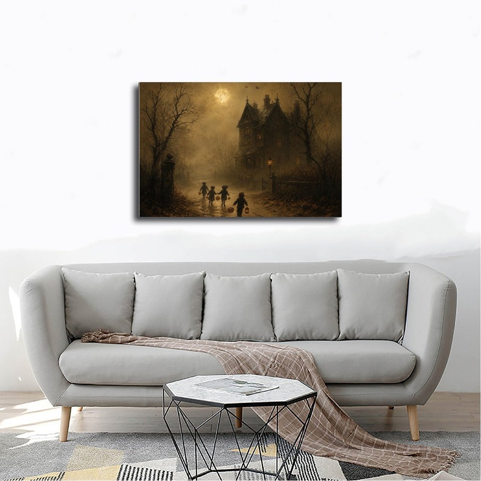 children in Halloween costumes walking toward a haunted house in sepia, black, amber tones — Wrapped Canvas SCENE_02
