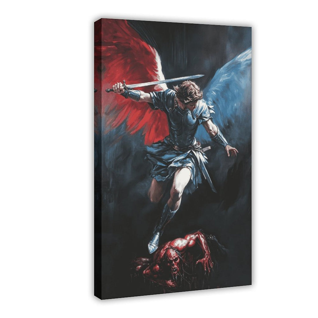 winged archangel warrior battling a red dragon in religious fantasy art style — Wrapped Canvas HERO