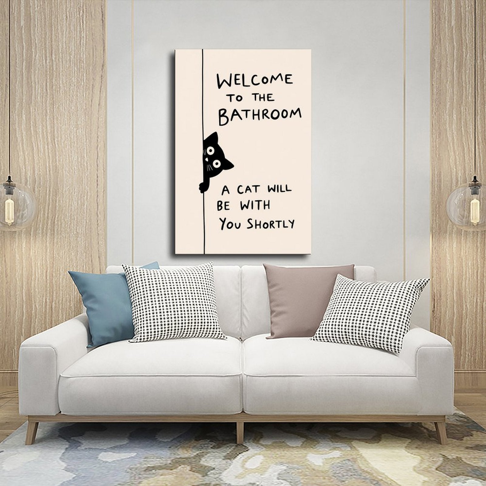 black cat peeking beside bathroom typography in black, cream tones — Wrapped Canvas SCENE_03