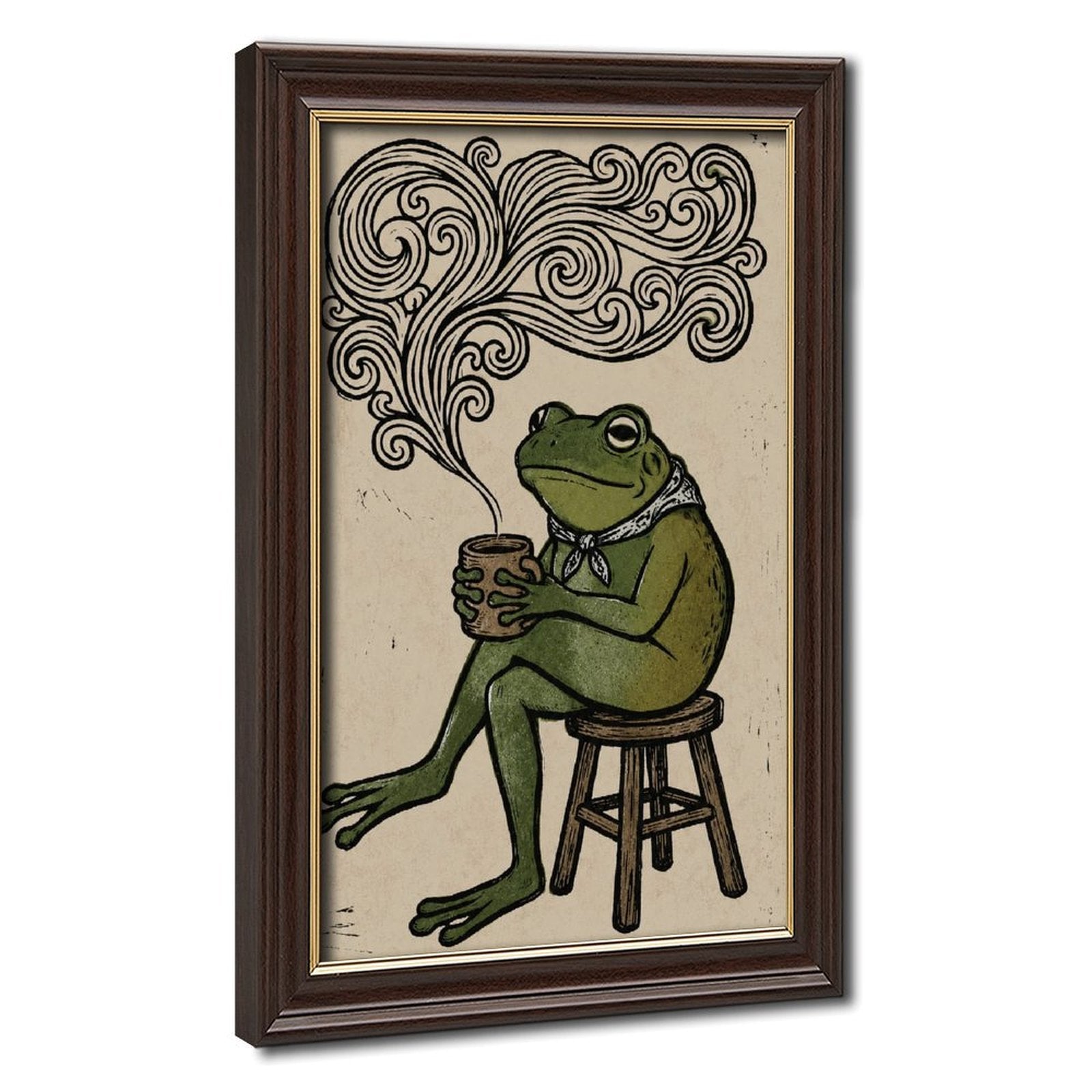 frog seated on a stool holding a steaming cup in forest green, black, cream tones — Wood Grain Gold Frame HERO