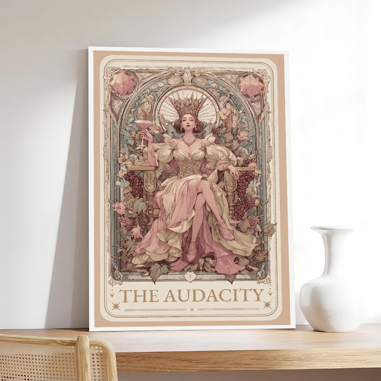 ornate crowned woman seated on a throne in art nouveau-inspired illustration style — Wrapped Canvas SCENE_05