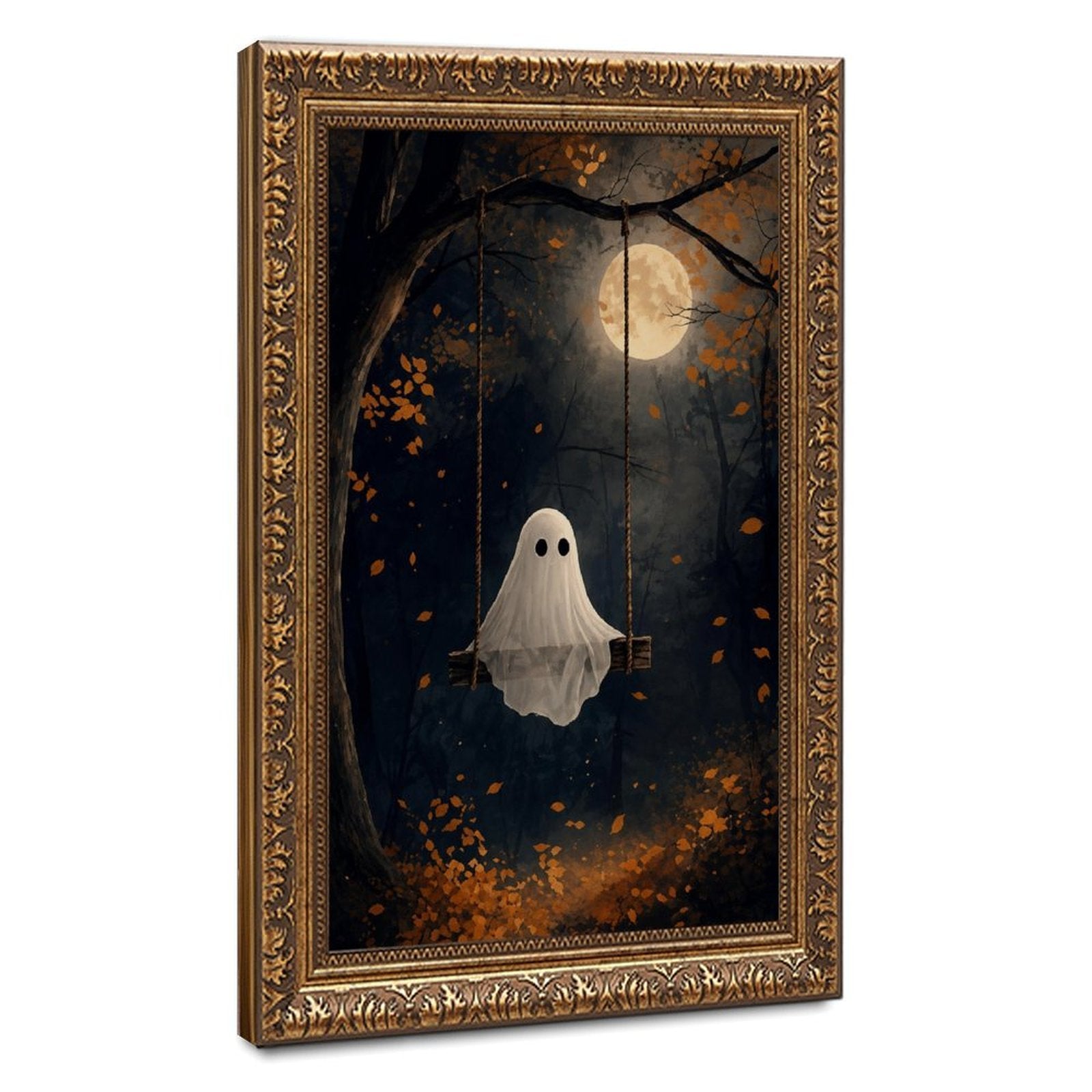 sheet ghost sitting on a swing beneath a full moon in navy blue, orange, white tones — Vintage Gold Frame HERO