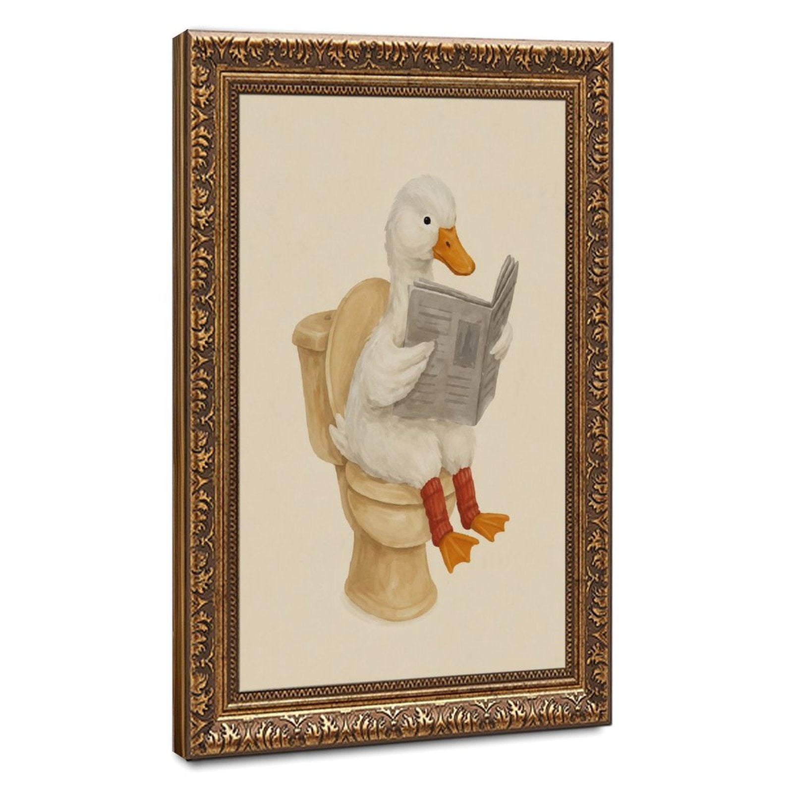 white duck sitting on a toilet reading a newspaper in cream, white, tan tones — Vintage Gold Frame HERO