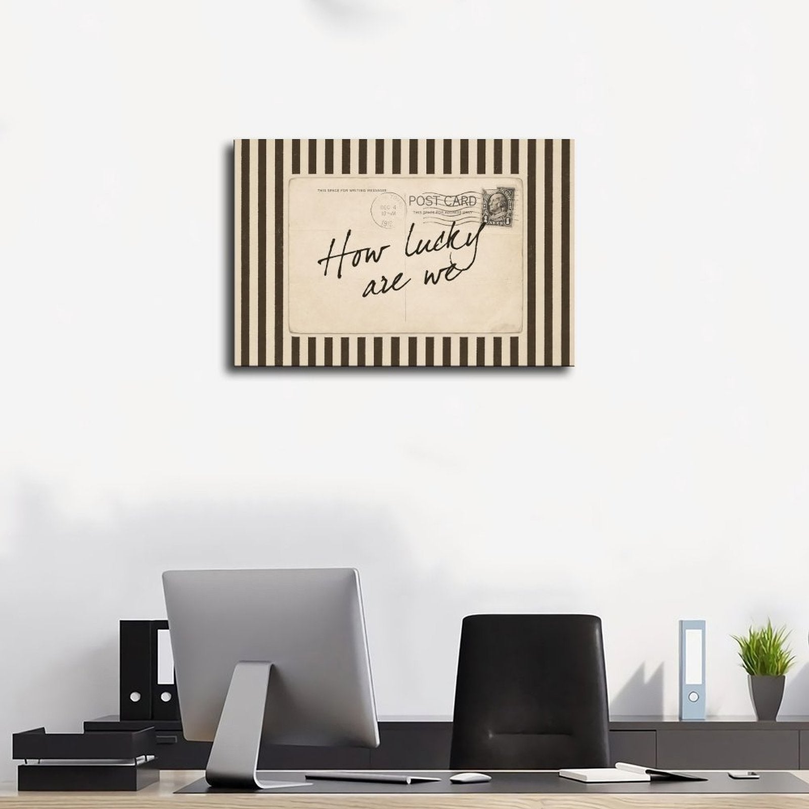 handwritten gratitude quote on a vintage postcard in cream, black, sepia tones — Wrapped Canvas SCENE_01