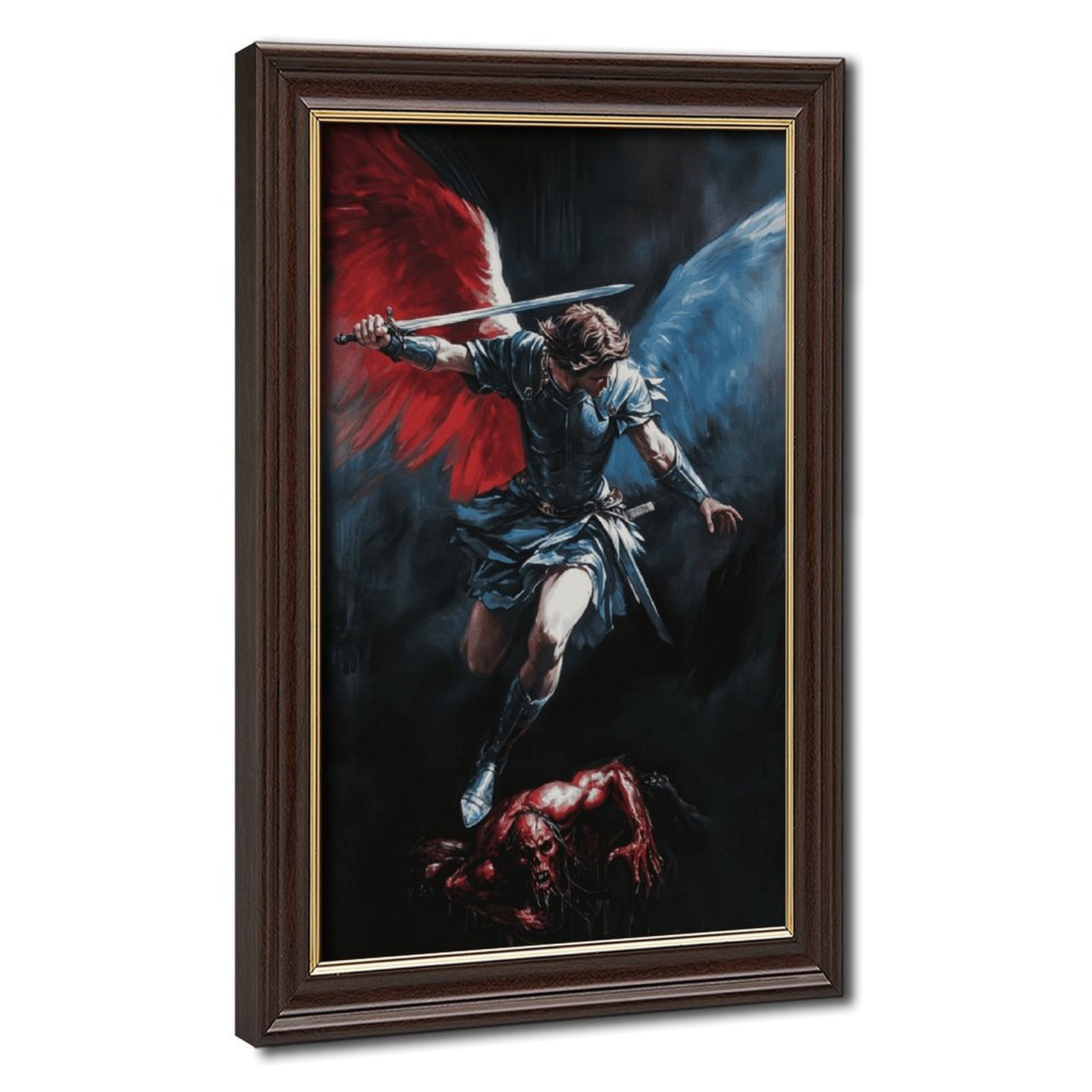 winged archangel warrior battling a red dragon in religious fantasy art style — Wood Grain Gold Frame HERO
