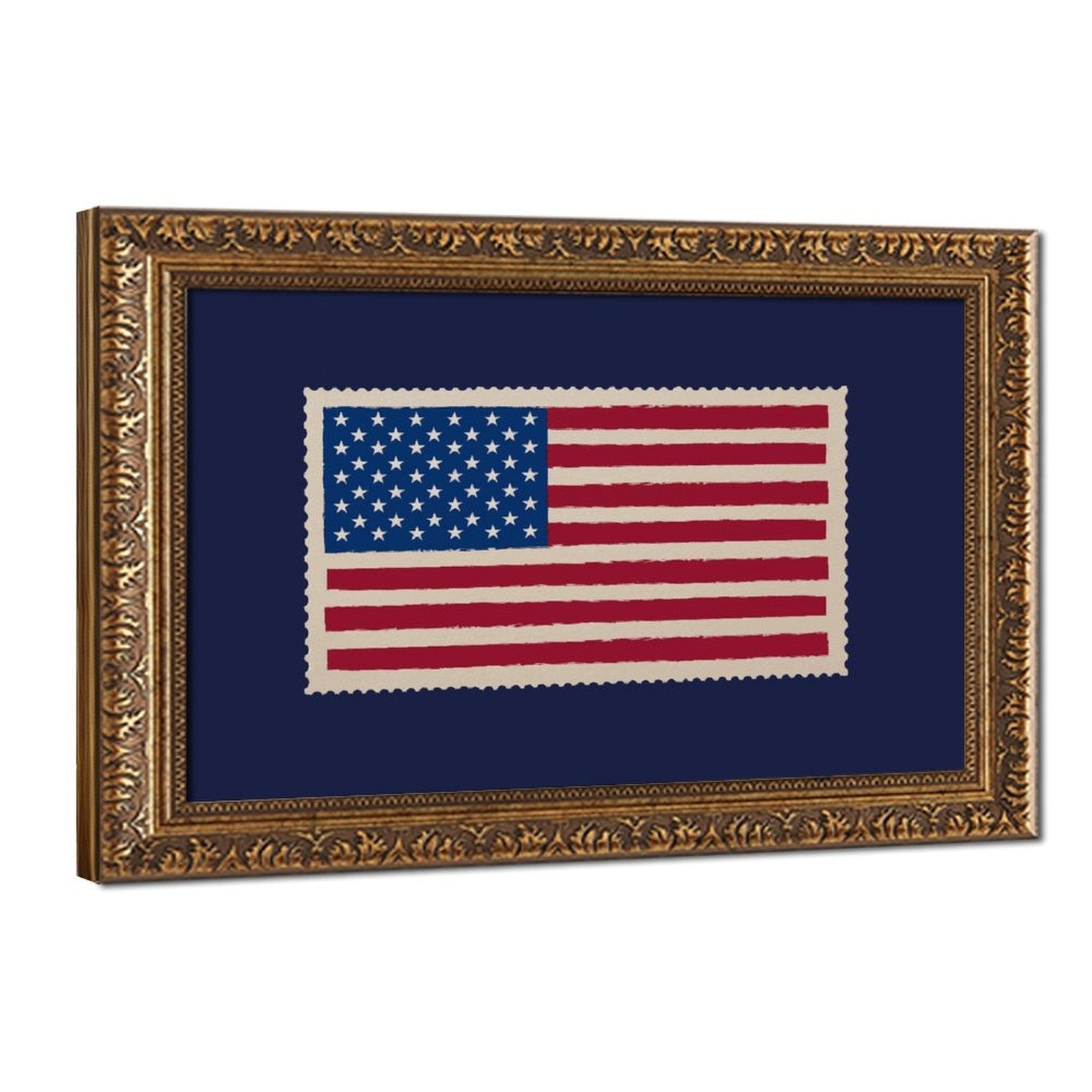 American flag motif on a navy blue field in graphic poster art style — Vintage Gold Frame HERO