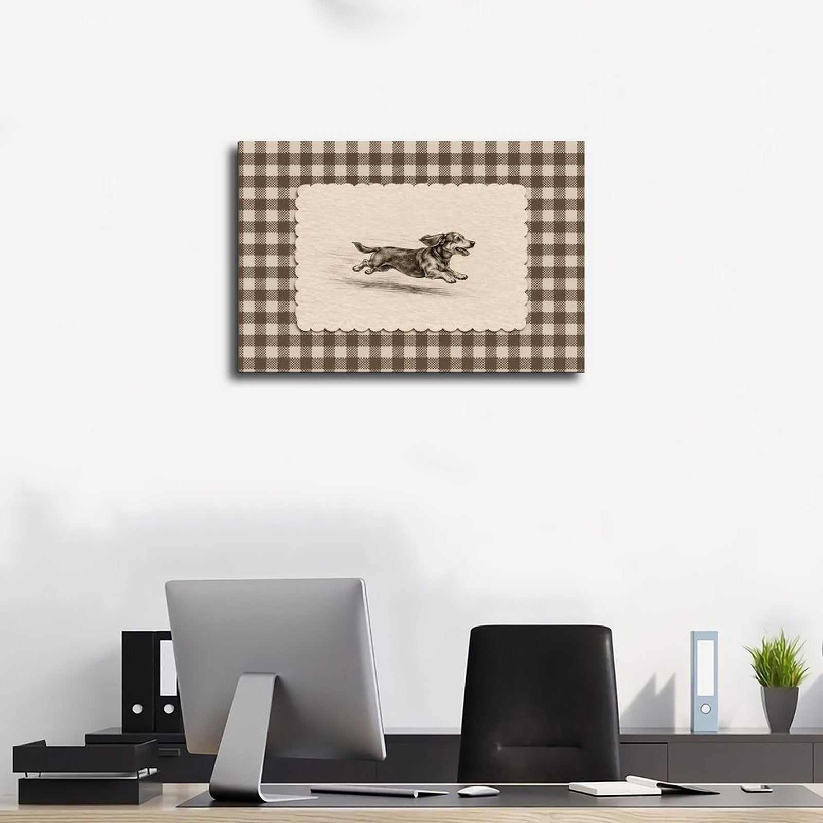 running dachshund in a vintage sketch panel in black, cream, taupe tones — Wrapped Canvas SCENE_01