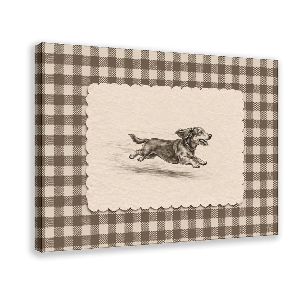 running dachshund in a vintage sketch panel in black, cream, taupe tones — Wrapped Canvas HERO