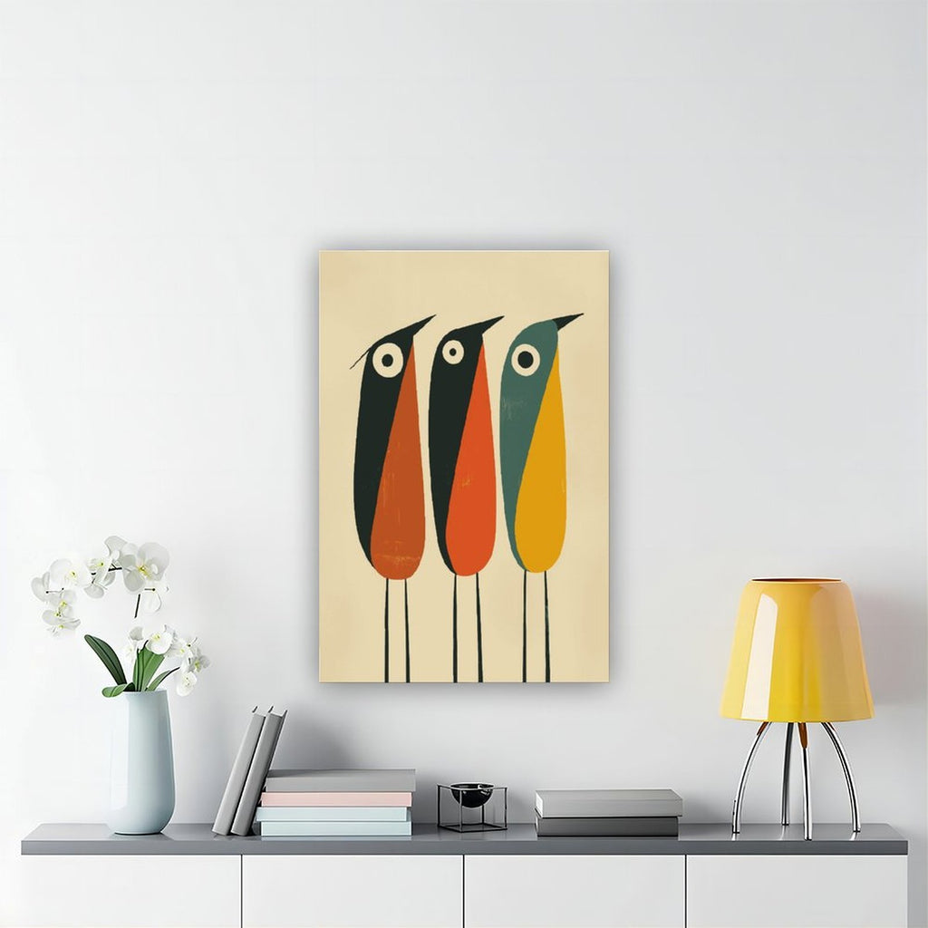 three stylized long-beaked birds in geometric illustration style — Wrapped Canvas SCENE_04