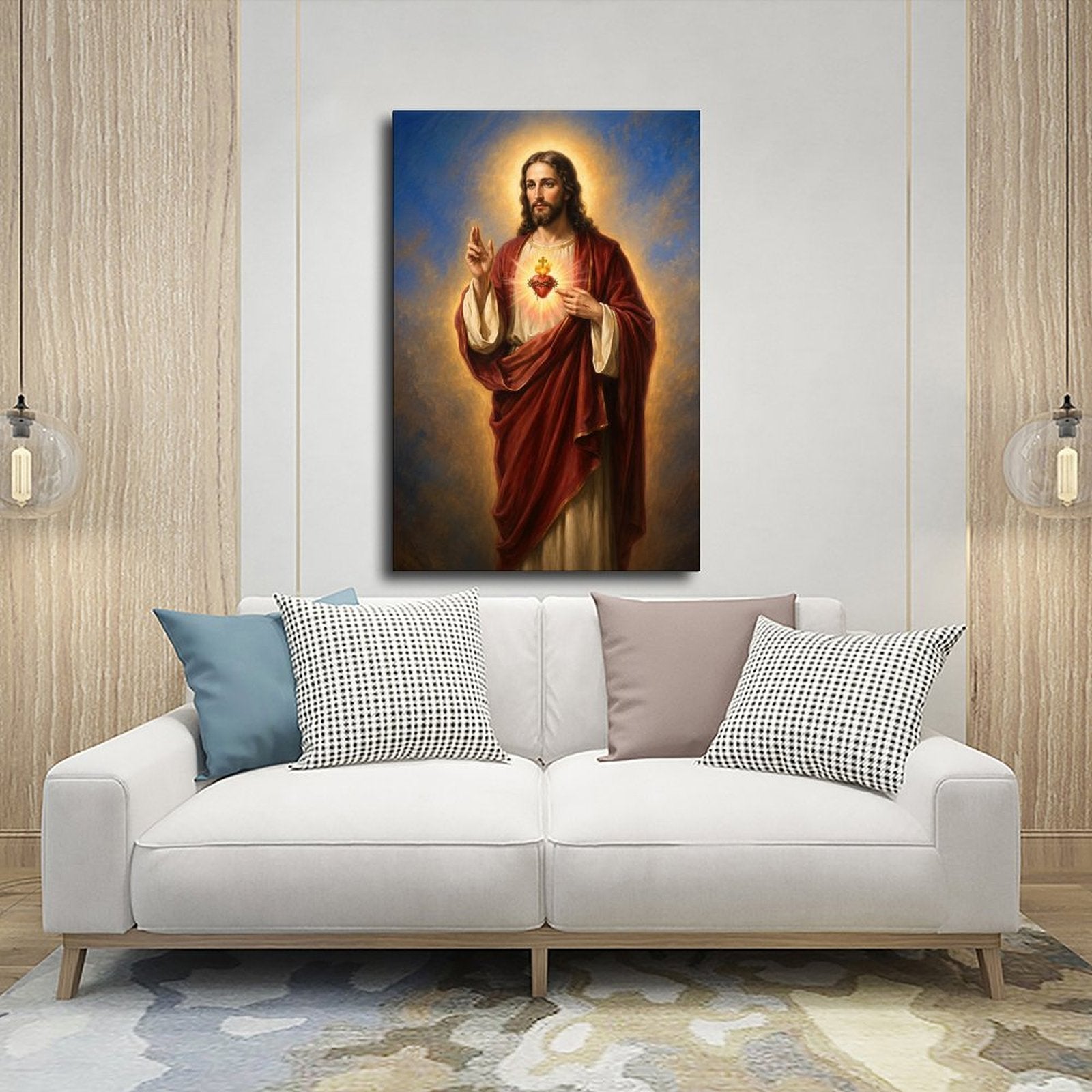 haloed sacred figure displaying a radiant heart symbol in red, cream, gold tones — Wrapped Canvas SCENE_03