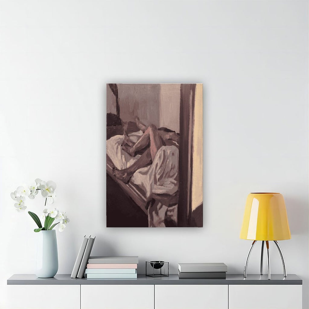abstract seated figure in muted brown tones in abstract figurative art style — Wrapped Canvas SCENE_04