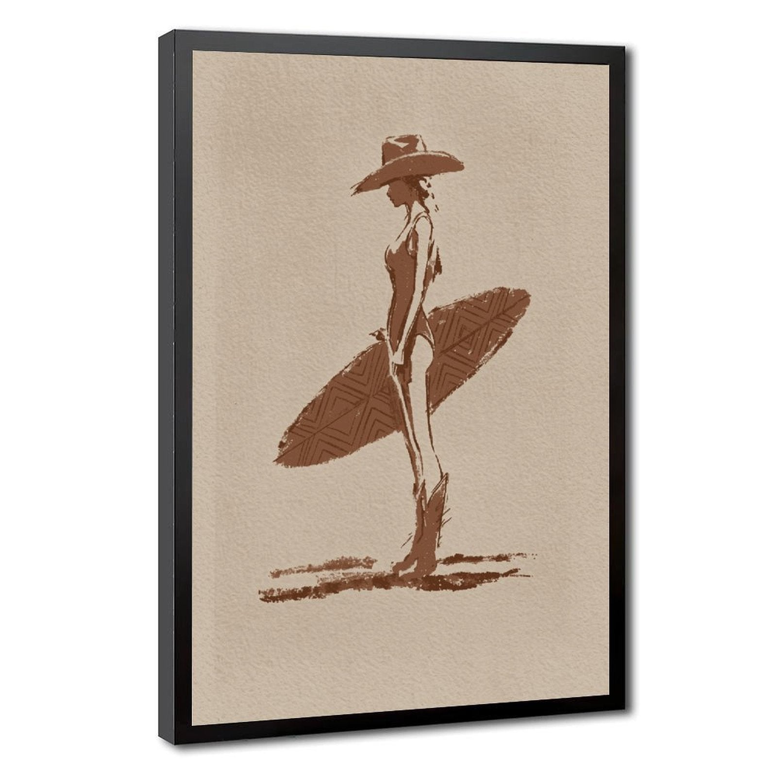 stylized seated woman with oversized botanical leaves in minimalist figurative art style — Black Frame HERO