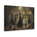 group of witches dancing in a moonlit woodland gathering in black, cream, gold tones — Wrapped Canvas HERO