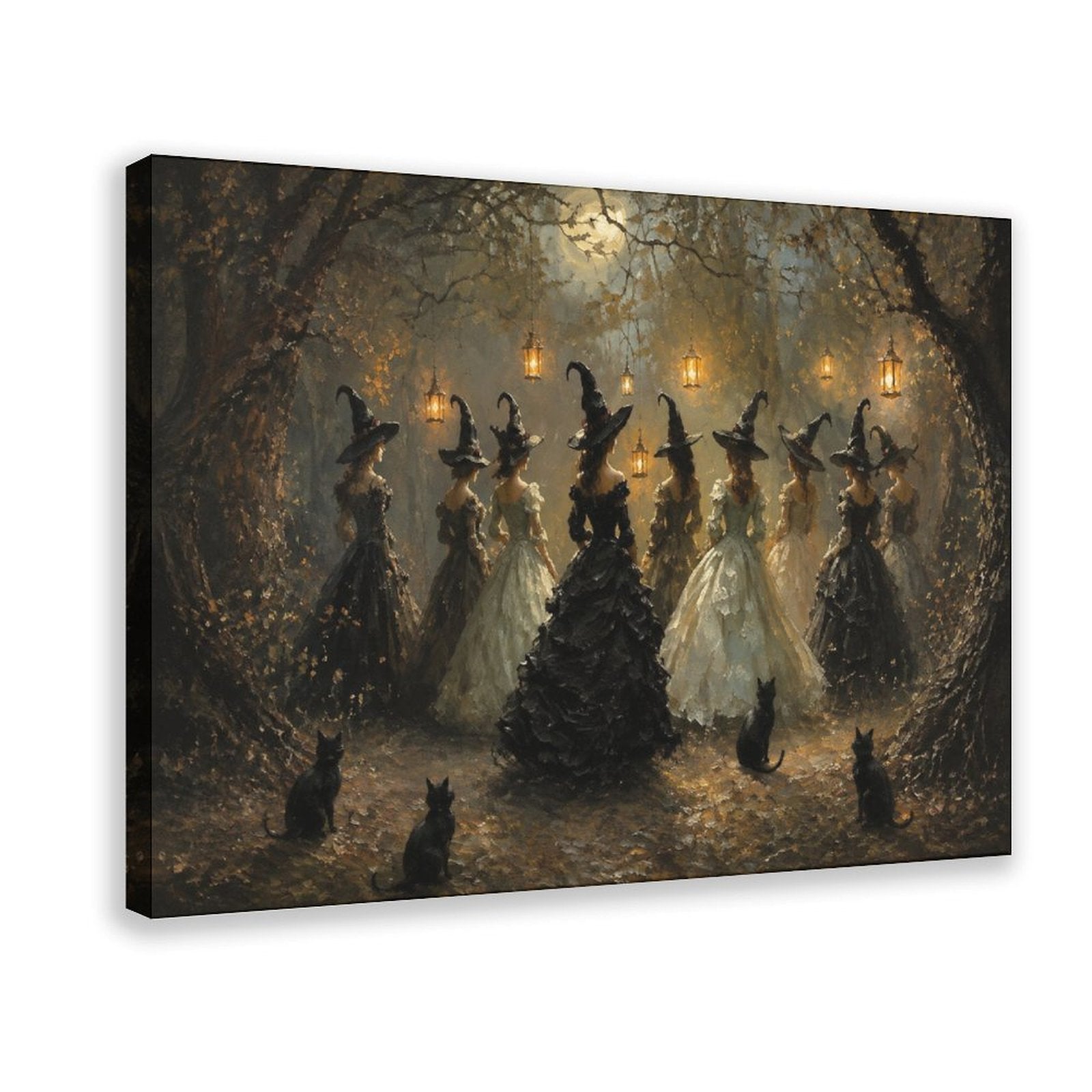 group of witches dancing in a moonlit woodland gathering in black, cream, gold tones — Wrapped Canvas HERO