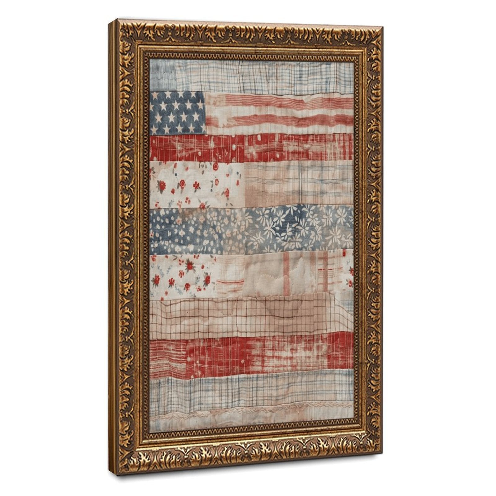 patchwork American flag in folk art style — Vintage Gold Frame HERO