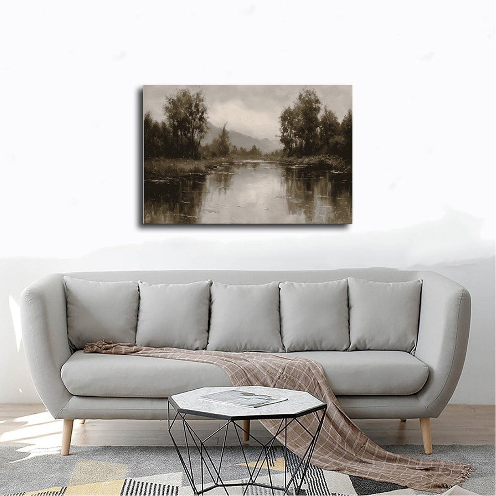quiet river bend with tree-lined banks in landscape painting style — Wrapped Canvas SCENE_02