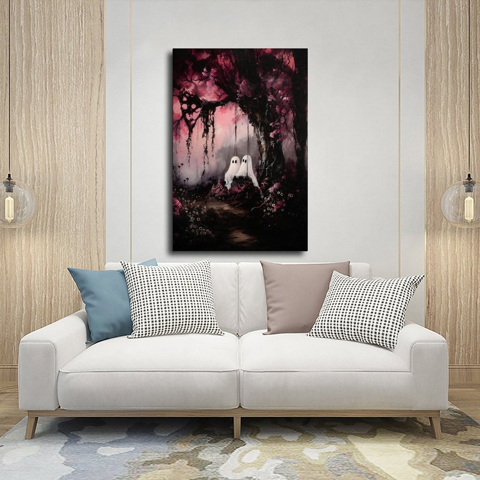 two small sheet ghosts in an enchanted pink forest in magenta, black, soft pink tones — Wrapped Canvas SCENE_03