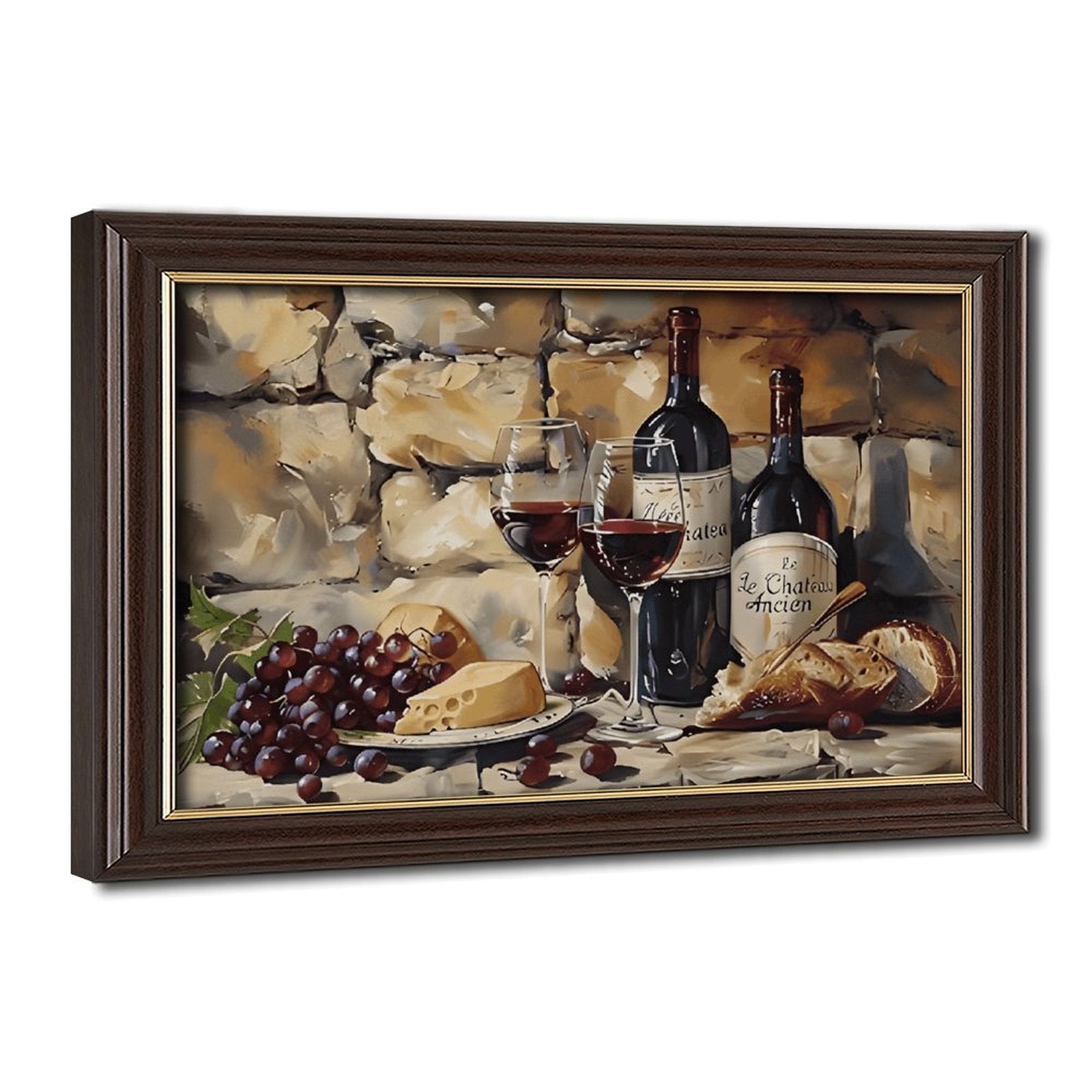 wine bottles, glasses, grapes, cheese, and bread in painterly still life style — Wood Grain Gold Frame HERO
