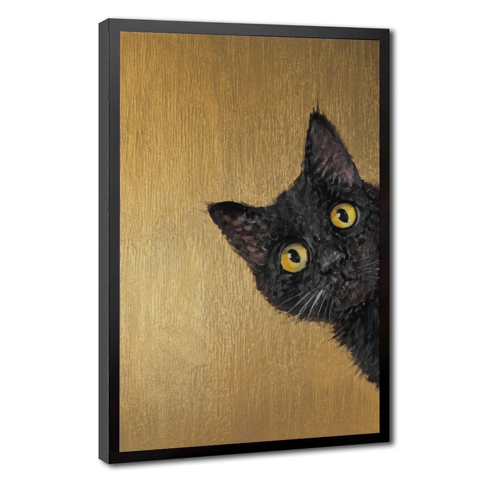 black cat peeking into the composition in black, mustard gold tones — Black Frame HERO