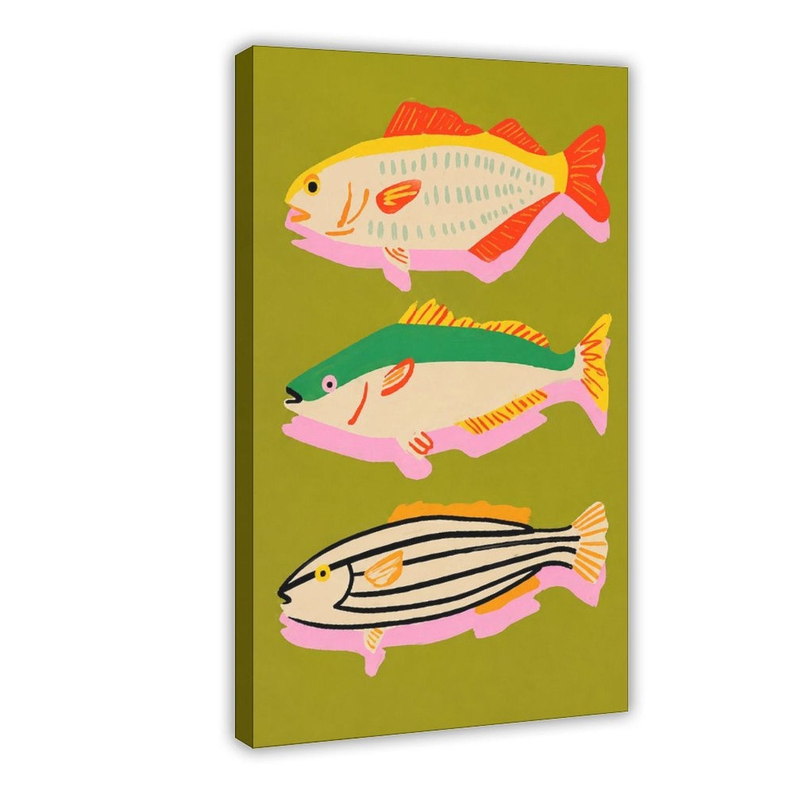 three colorful stylized fish arranged vertically in olive green, coral red, pink tones — Wrapped Canvas HERO