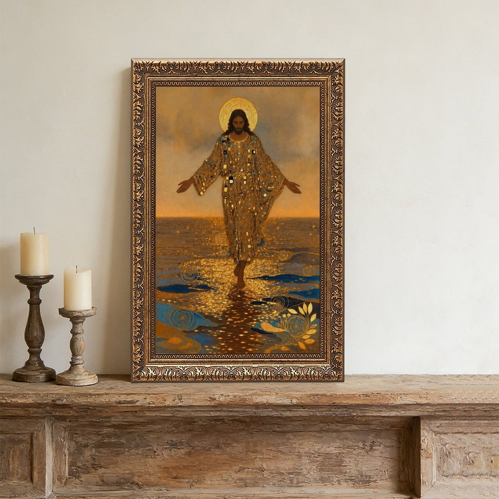 haloed sacred figure walking across reflective water in gold, deep blue, warm brown tones — Vintage Gold Frame SCENE_02