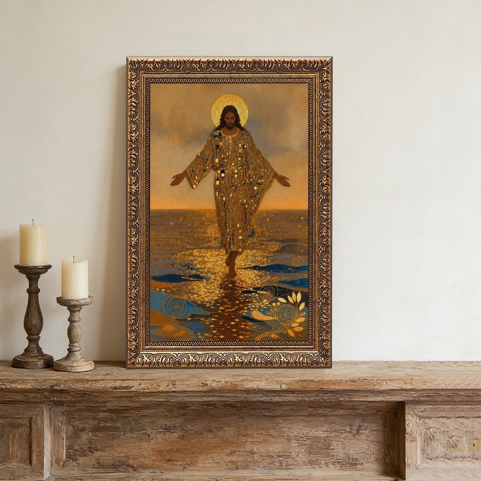 haloed sacred figure walking across reflective water in gold, deep blue, warm brown tones — Vintage Gold Frame SCENE_02