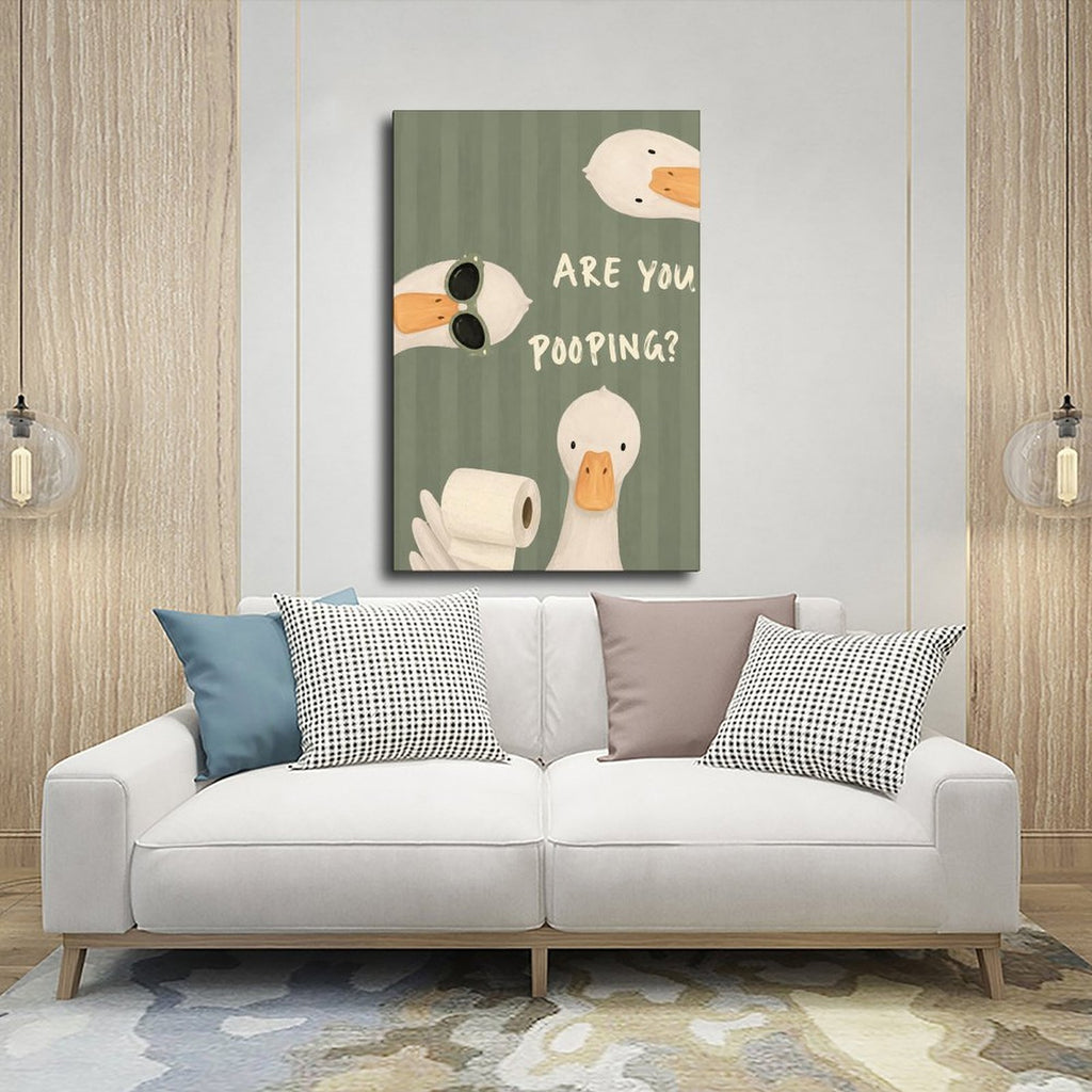 three white ducks surrounding bathroom humor typography in sage green, white, orange tones — Wrapped Canvas SCENE_03