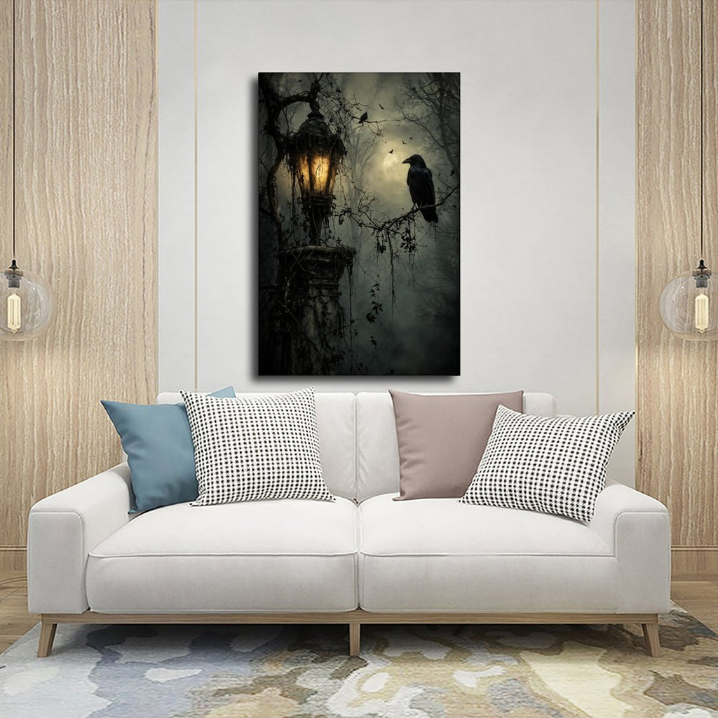 raven perched beside a glowing antique lantern in charcoal, black, amber tones — Wrapped Canvas SCENE_03
