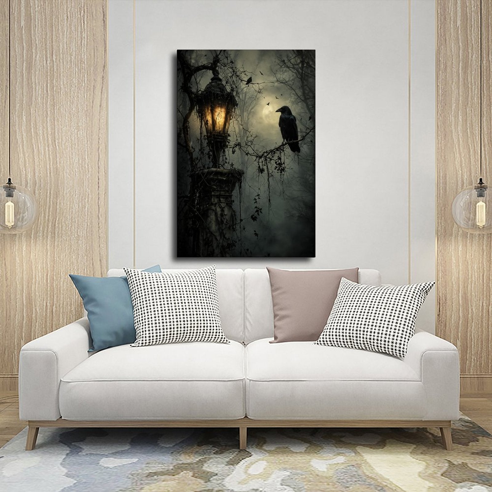 raven perched beside a glowing antique lantern in charcoal, black, amber tones — Wrapped Canvas SCENE_03